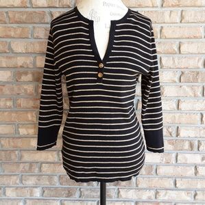 Lauren Ralph Lauren V-neck Cotton Blend Metallic Strip Sweater.